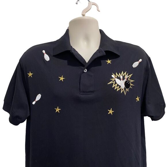Vintage Bowling World Embroidered Polo Shirt Black Unisex Sz M - Picture 2 of 11